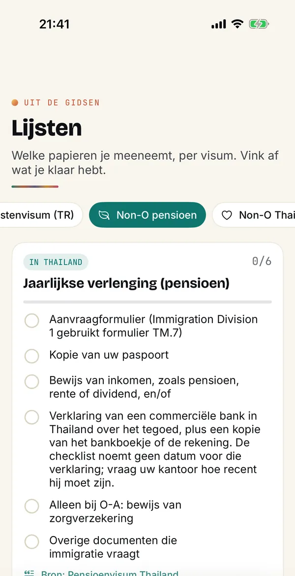 Lijst in de Sabai-app met de documenten voor de jaarlijkse verlenging van een pensioenvisum