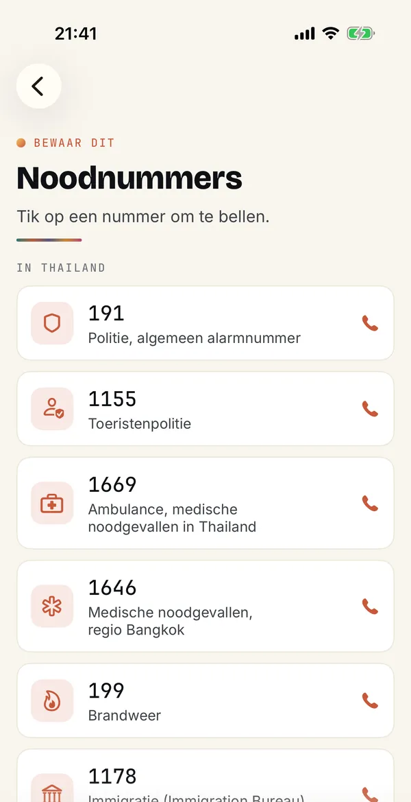 Noodnummers in de Sabai-app: politie 191, toeristenpolitie 1155, ambulance 1669 en meer