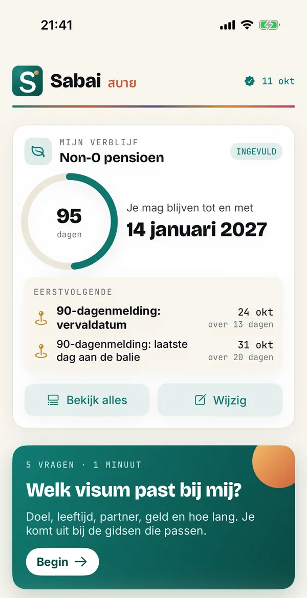 Startscherm van de Sabai-app: Mijn verblijf met nog 95 dagen tot 14 januari 2027, de eerstvolgende 90-dagenmelding en Welk visum past bij mij