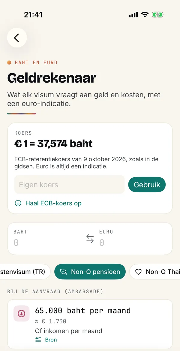 Geldrekenaar in de Sabai-app met de ECB-koers in baht en euro en de geldeisen per visum