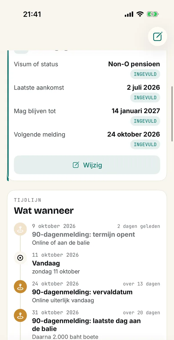Tijdlijn Wat wanneer in de Sabai-app met de termijnen van de 90-dagenmelding