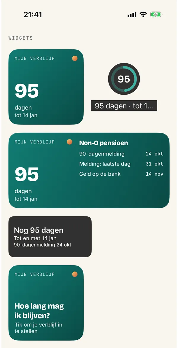 Widgets van de Sabai-app voor beginscherm en toegangsscherm met de aftelling tot 14 januari
