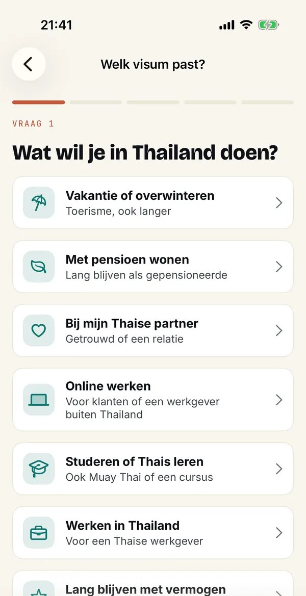 Welk visum past bij mij in de Sabai-app, vraag 1: wat wil je in Thailand doen?